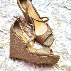 Badgley Mischka gold glitter platform heels